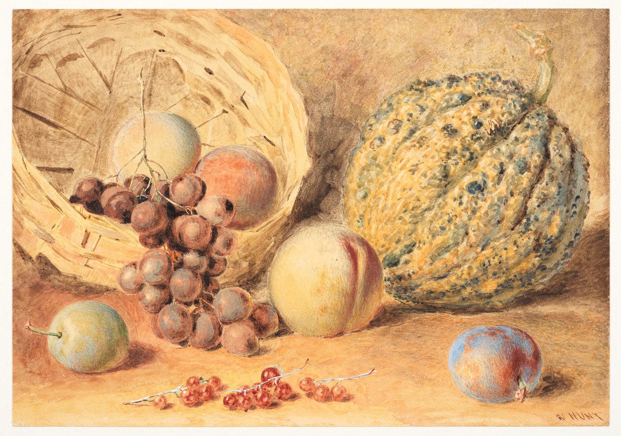 Cesta con melones, melocotones, uvas y ciruelas, c.1804 (grafito, acuarela con goma arábiga añadida, tinta corporal y raspado sobre papel de estraza). de William Henry Hunt