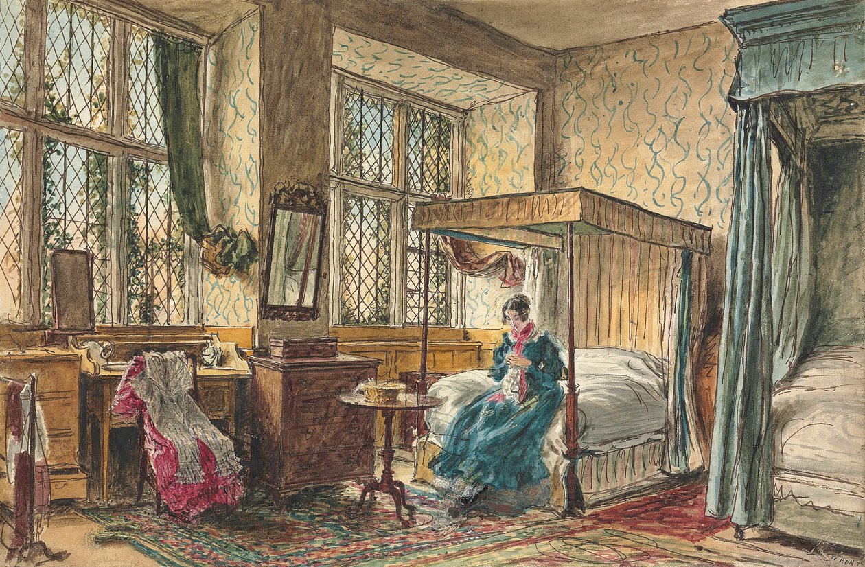 La señorita Moore cosiendo en su dormitorio, Hardwick Hall, Derbyshire de William Henry Hunt