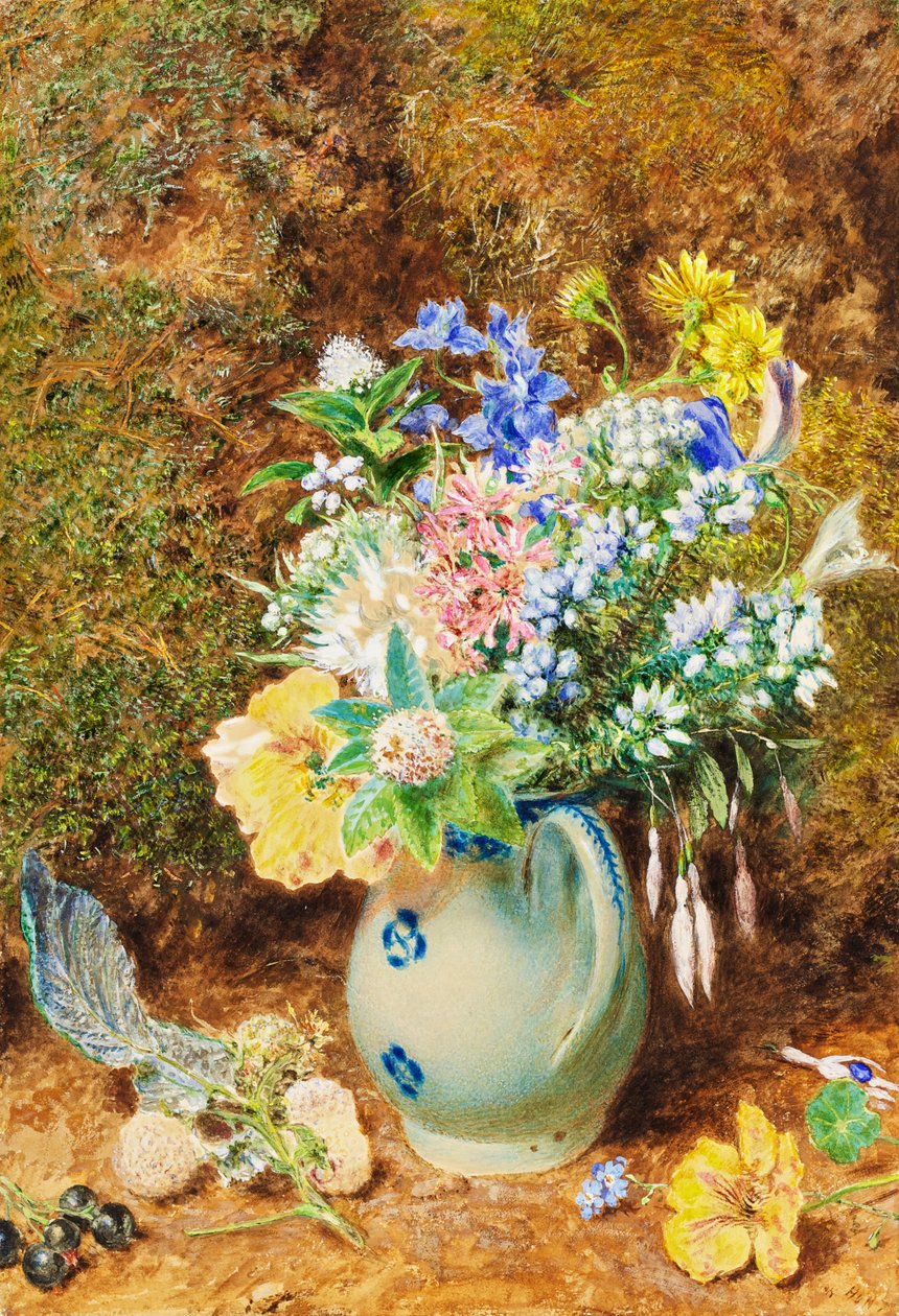 Jarra de porcelana azul pálido con brezos y flores pequeñas, c.1860 de William Henry Hunt