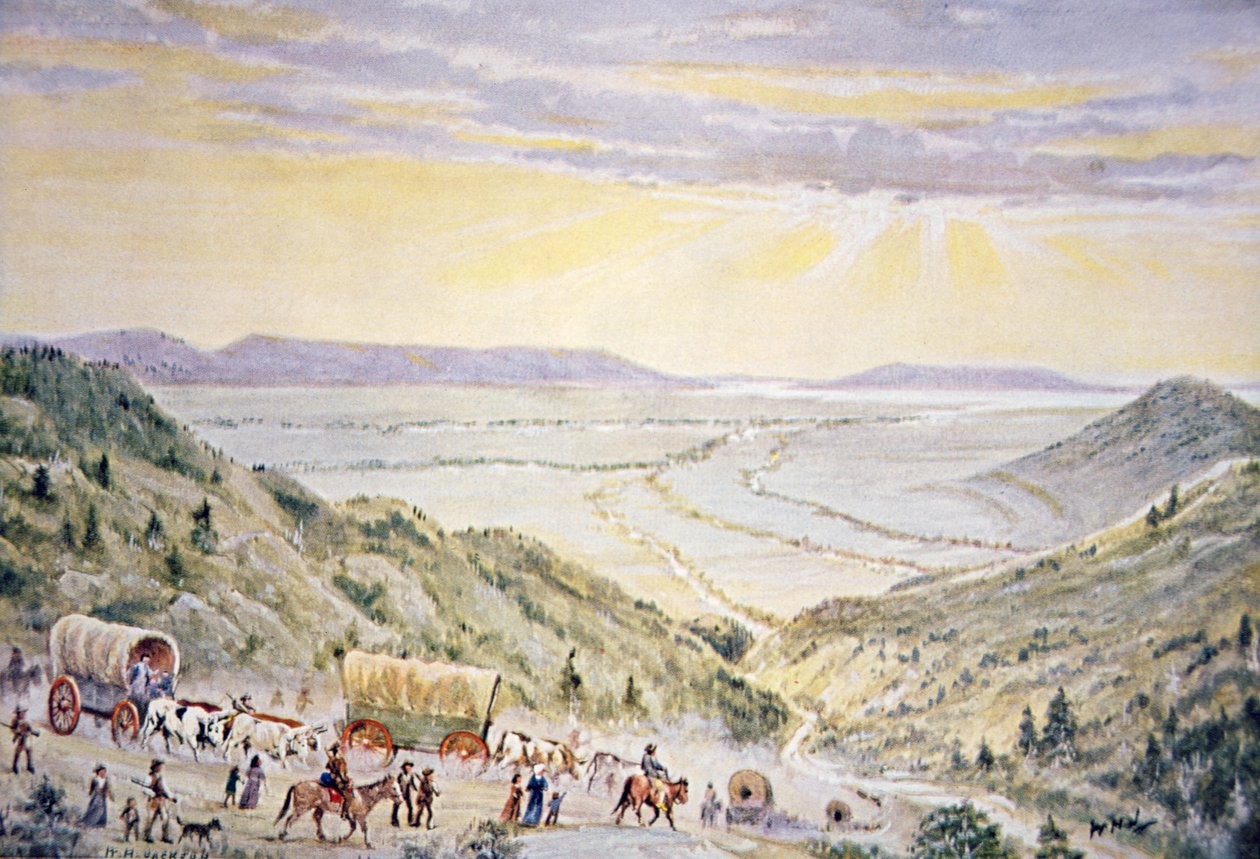 Mormones descendiendo la Pequeña Montaña hacia Salt Lake City, Utah de William Henry Jackson