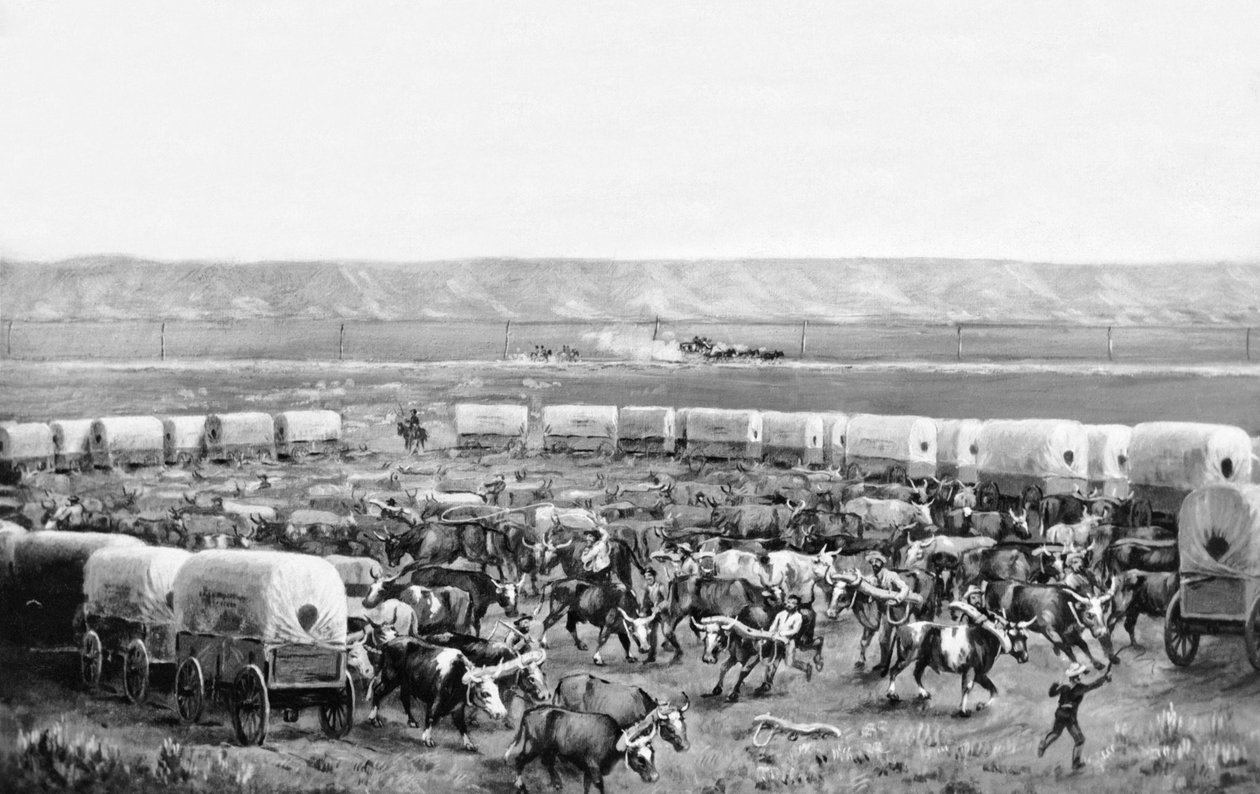 Bueyes siendo uncidos en un corral de carretas cubiertas en una pintura de W. H. Jackson, Scotts Bluff, Nebraska: c. 1875 de William Henry Jackson