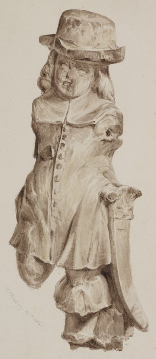 Figura tallada en roble, en un momento en la entrada de la casa construida en el sitio de la Taberna Boars Head, Eastcheap, 1834 (lavado en papel) de William Henry Kearney