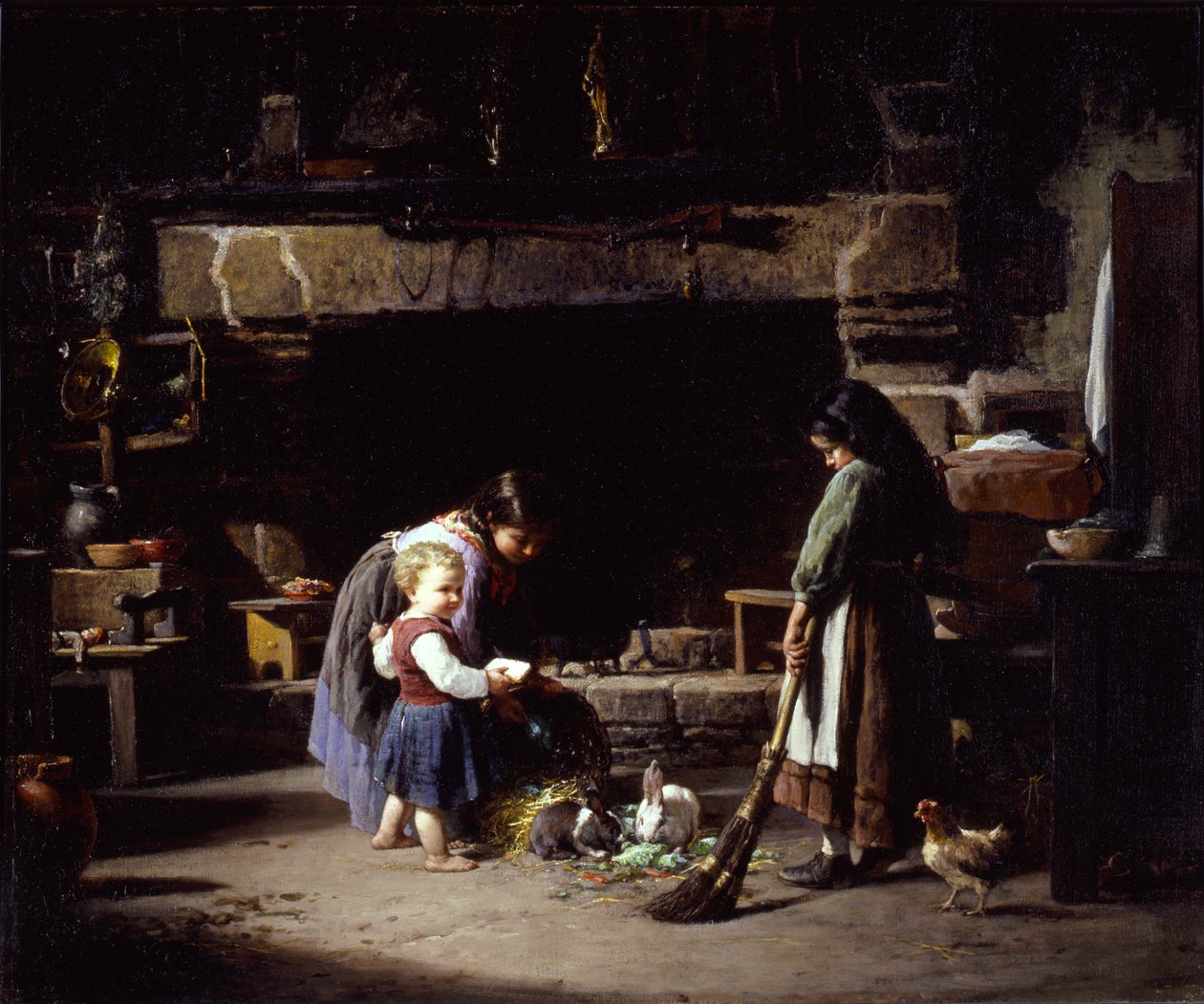 Interior de una granja: Niños bretones alimentando conejos de William Henry Lippincott