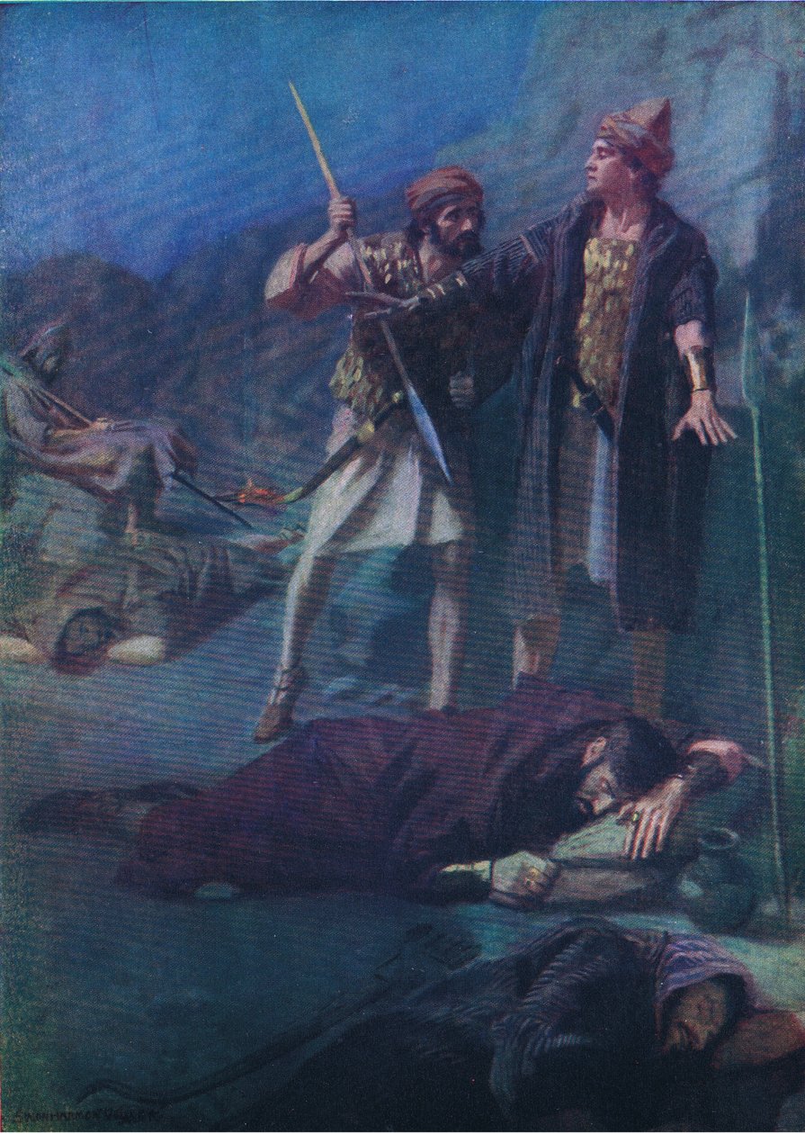 David perdonando a Saúl, de El Libro de Imágenes de la Biblia publicado por Thomas Nelson, c.1950 de William Henry Margetson