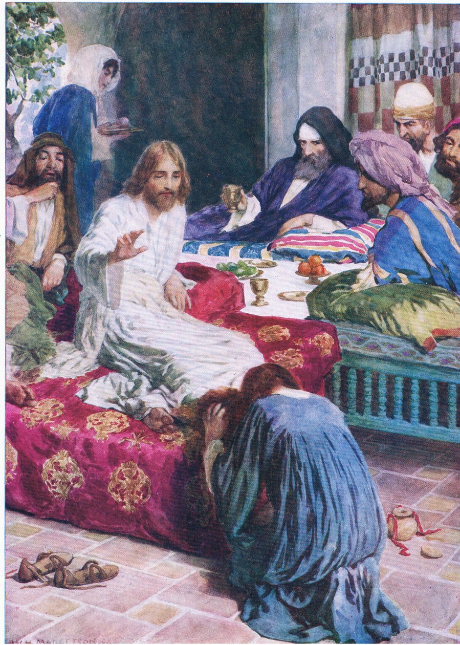 María y la caja de alabastro, de El Libro de Imágenes de la Biblia publicado por Thomas Nelson, c.1950 de William Henry Margetson