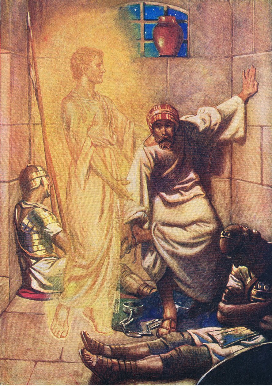 Pedro liberado de la prisión, de El Libro de Imágenes de la Biblia publicado por Thomas Nelson, c.1950 de William Henry Margetson