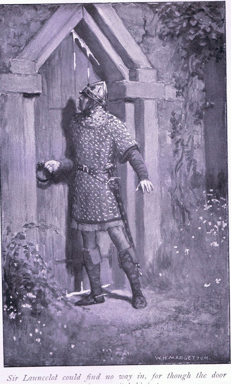 Sir Launcelot no pudo encontrar una entrada, aunque la puerta era vieja y desgastada, se mantenía firme de William Henry Margetson