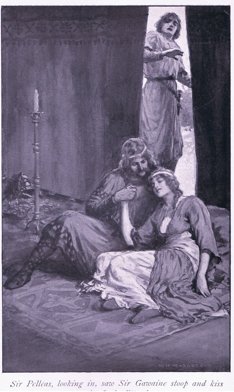 Sir Pelleas, mirando, vio a Sir Gawaine inclinarse y besar a la dama Ettard de William Henry Margetson