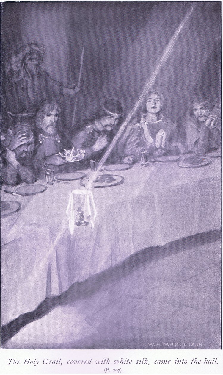 El Santo Grial, cubierto con seda blanca, entró en el salón de William Henry Margetson