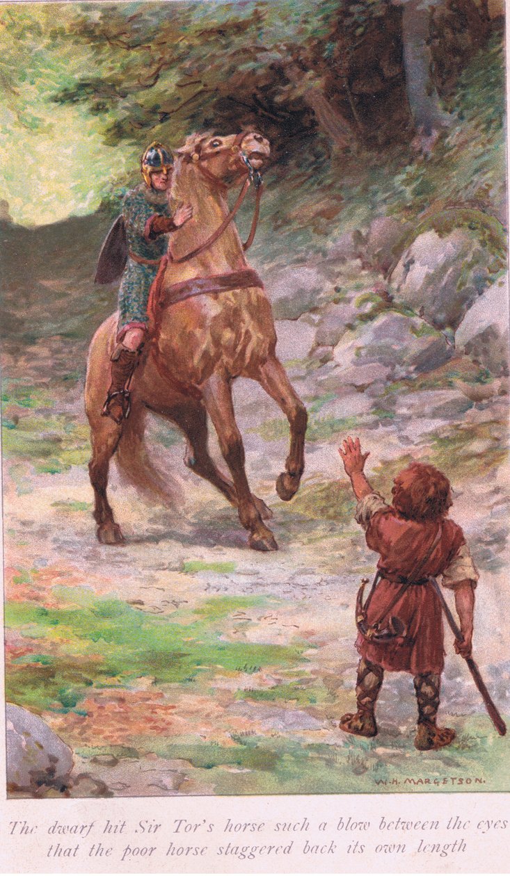 El enano golpeó al caballo de Sir Tor con tal fuerza entre los ojos que el pobre caballo retrocedió su propia longitud de William Henry Margetson