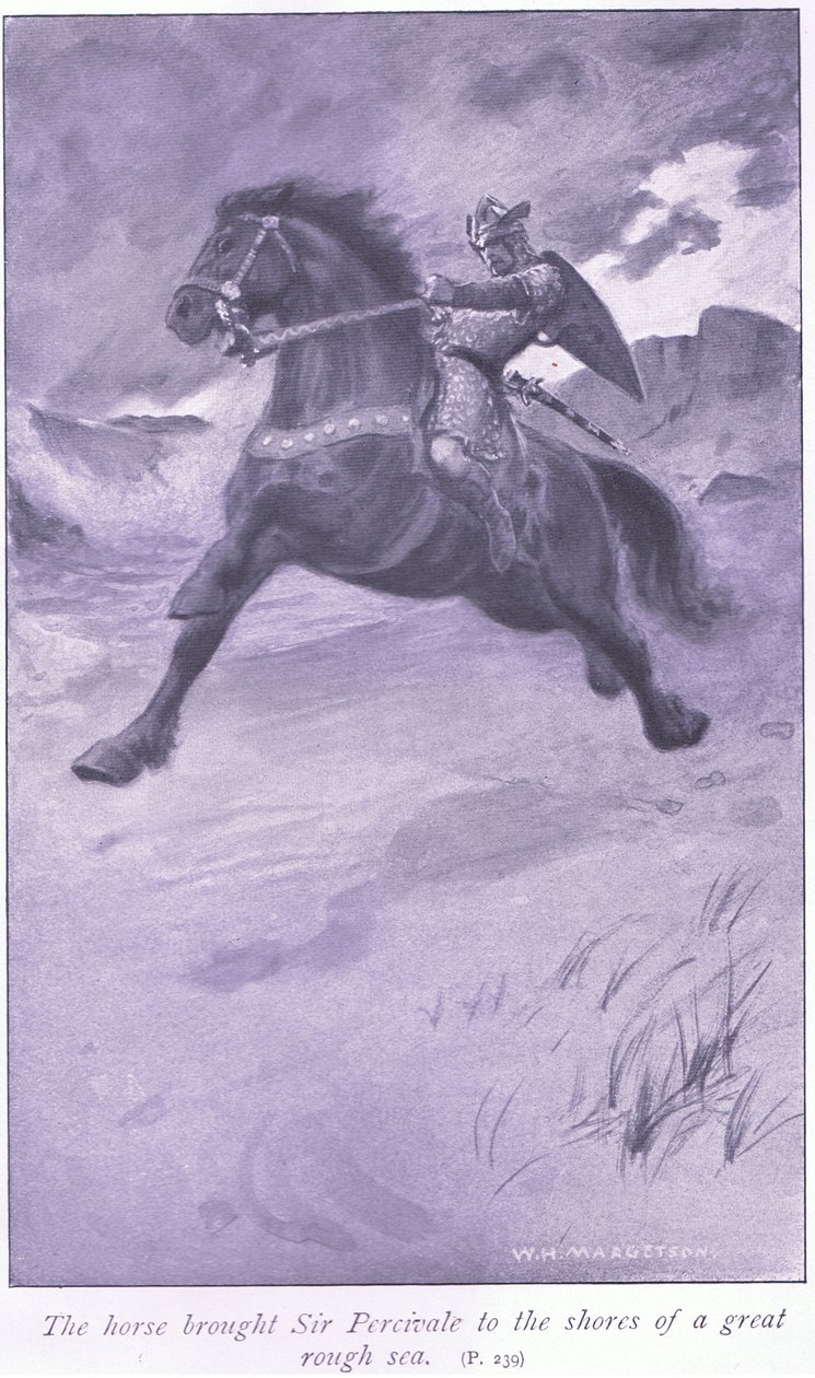 El caballo llevó a Sir Percivale a las orillas de un gran mar agitado de William Henry Margetson