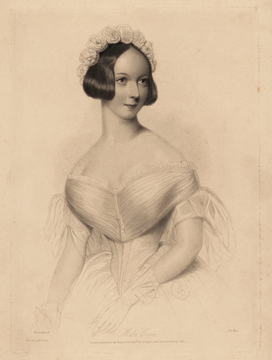 La señorita Gore. Con un vestido de hombros caídos y cintura ceñida, el pelo decorado con una guirnalda de rosas. Grabado en acero de William Henry Mote a partir de una ilustración de William Drummond de Charles Heath