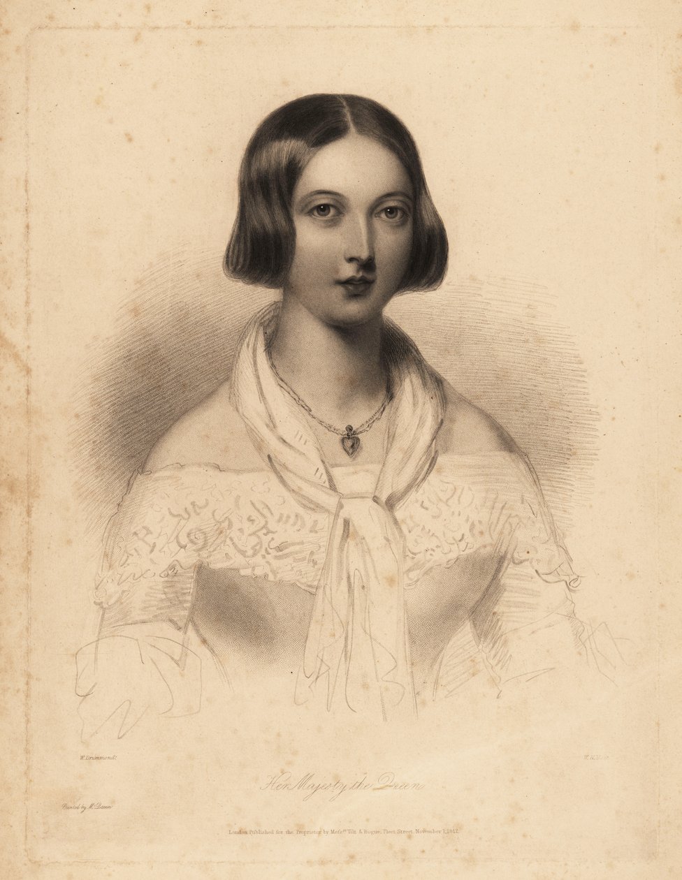 La joven reina Victoria, a principios de los años 20. Grabado en acero de William Henry Mote según una ilustración de William Drummond de English Pearls, or Portraits for the Boudoir de Charles Heath, Tilt and Bogue, Londres. de William Henry Mote