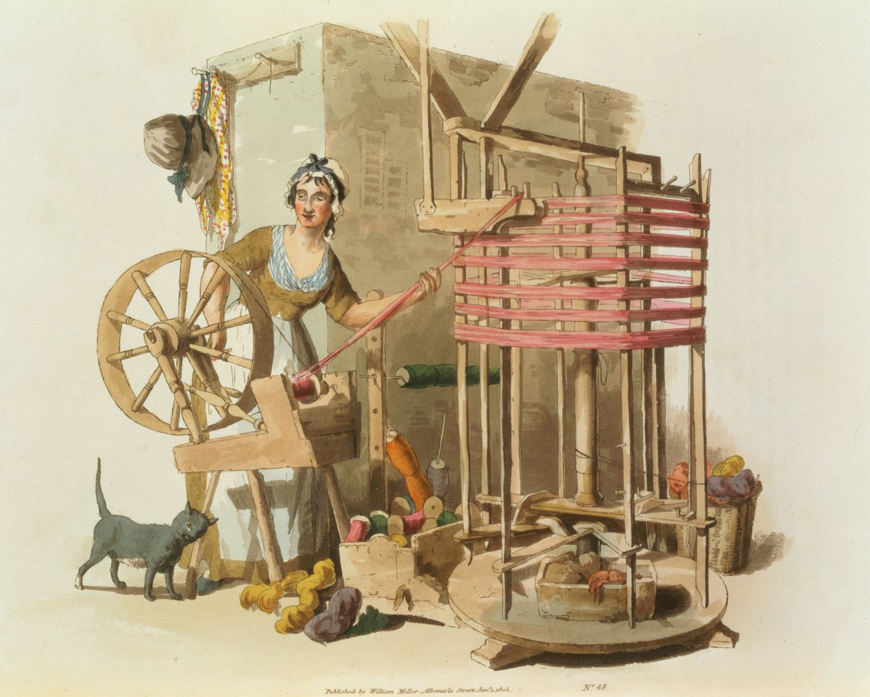 Una mujer hilando lana, grabado por el artista, 1808 de William Henry Pyne