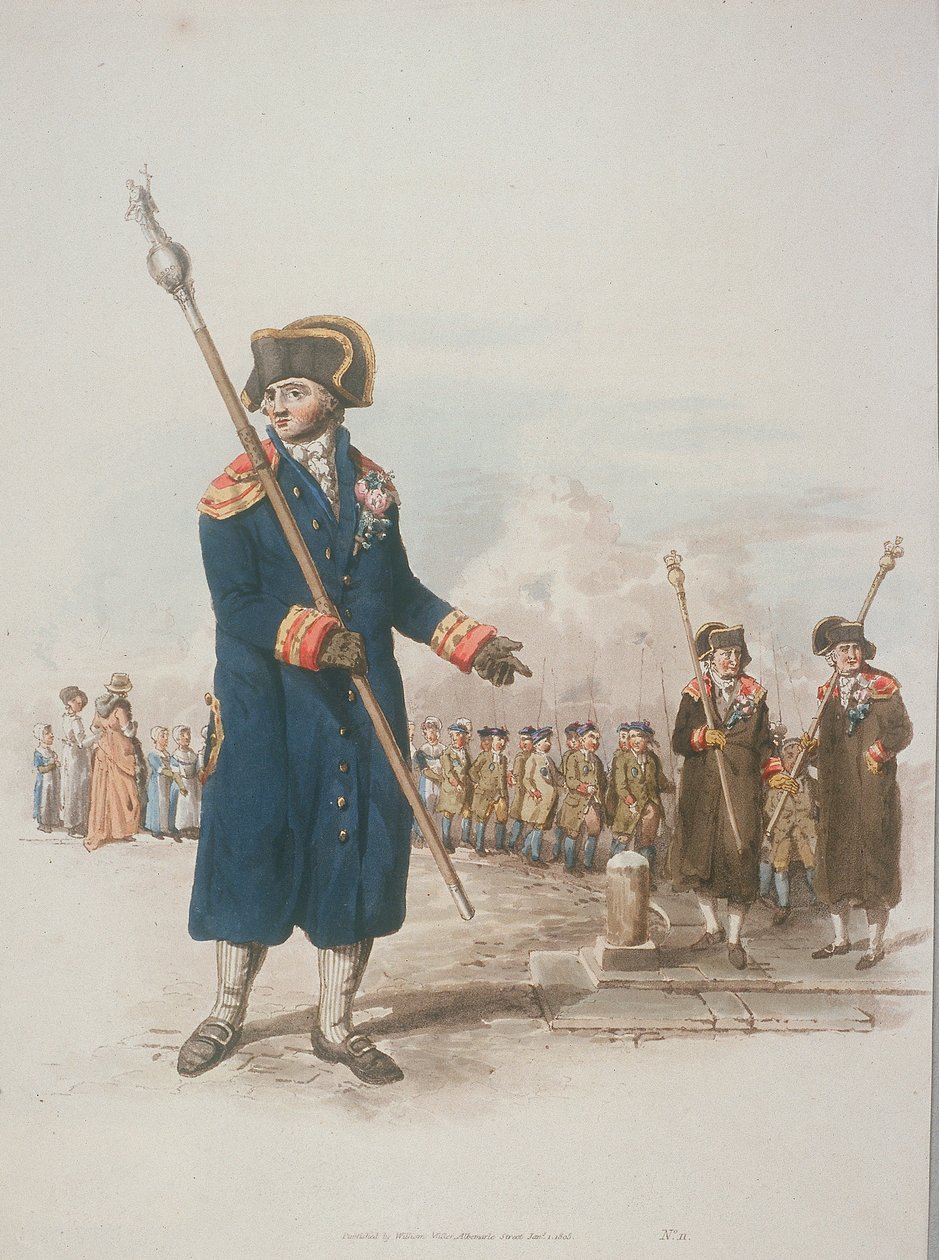 Bedel parroquial en traje cívico sosteniendo un bastón, 1805 de William Henry Pyne