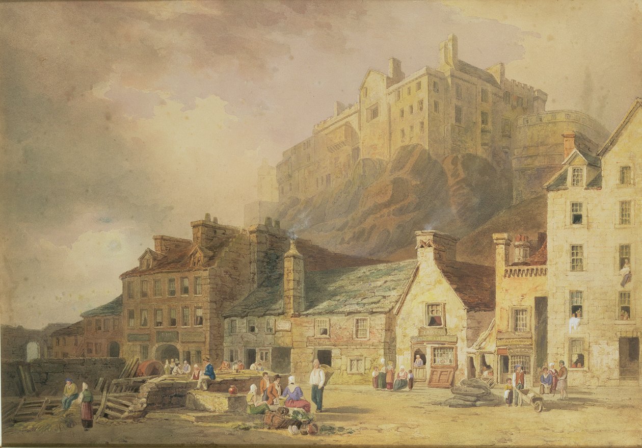 Castillo de Edimburgo desde el Mercado de la Hierba, mostrando el Pequeño Puerto Oeste, c.1820 de William Henry Stothard
