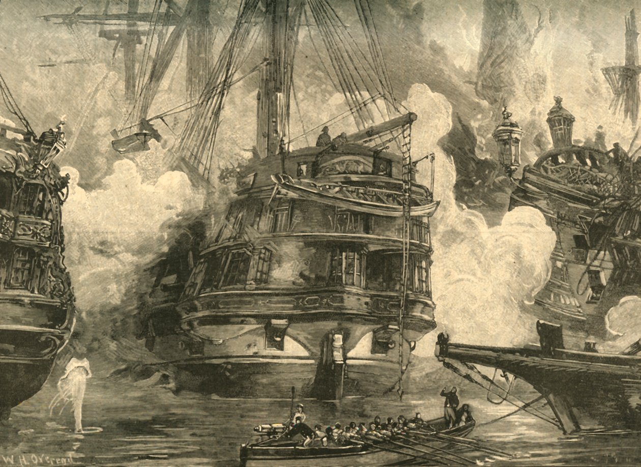 Batalla de Navarino: HMS Asia enfrentando a los barcos de Capitan Bey y Moharram Bey de William Heysham Overend