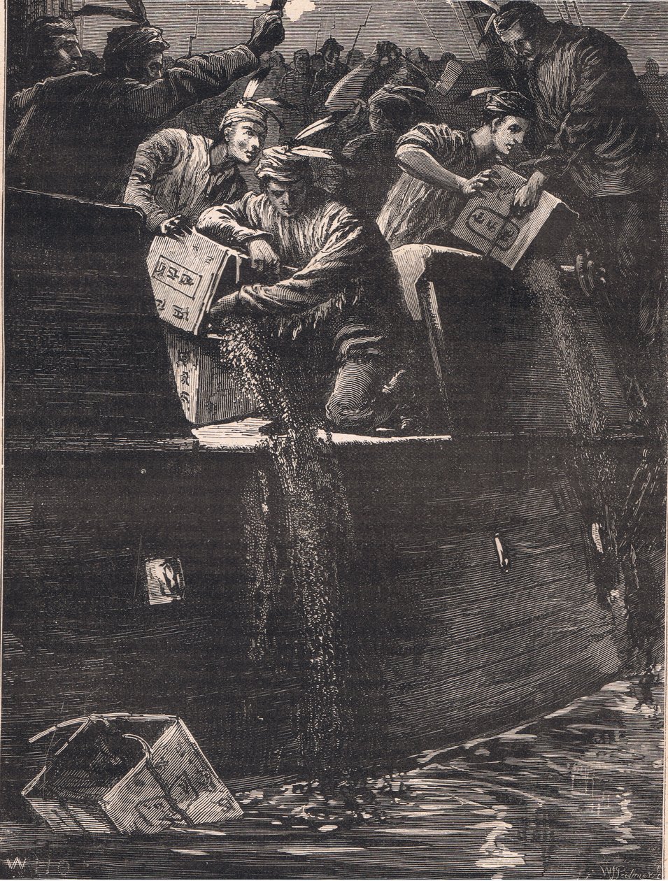 Niños de Boston disfrazados de indios arrojando los cofres de té al puerto en 1773 de William Heysham Overend