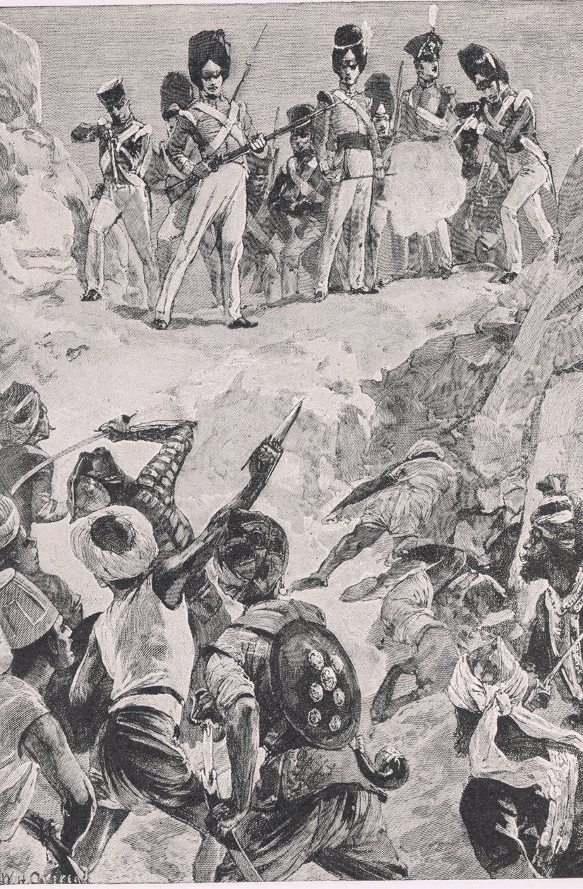 Los seguidores de Carmichael dispararon una descarga en el denso grupo de hombres: Batalla de Bharatpur 1826, ilustración de British Battles on Land and Sea, 1915 de William Heysham Overend