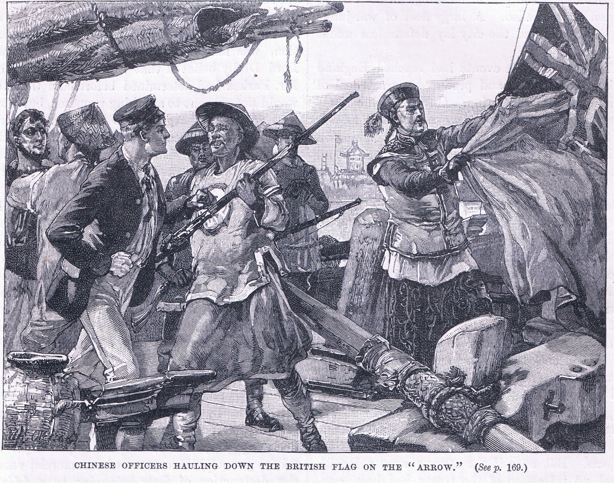 Oficiales chinos arriando la bandera británica en el 