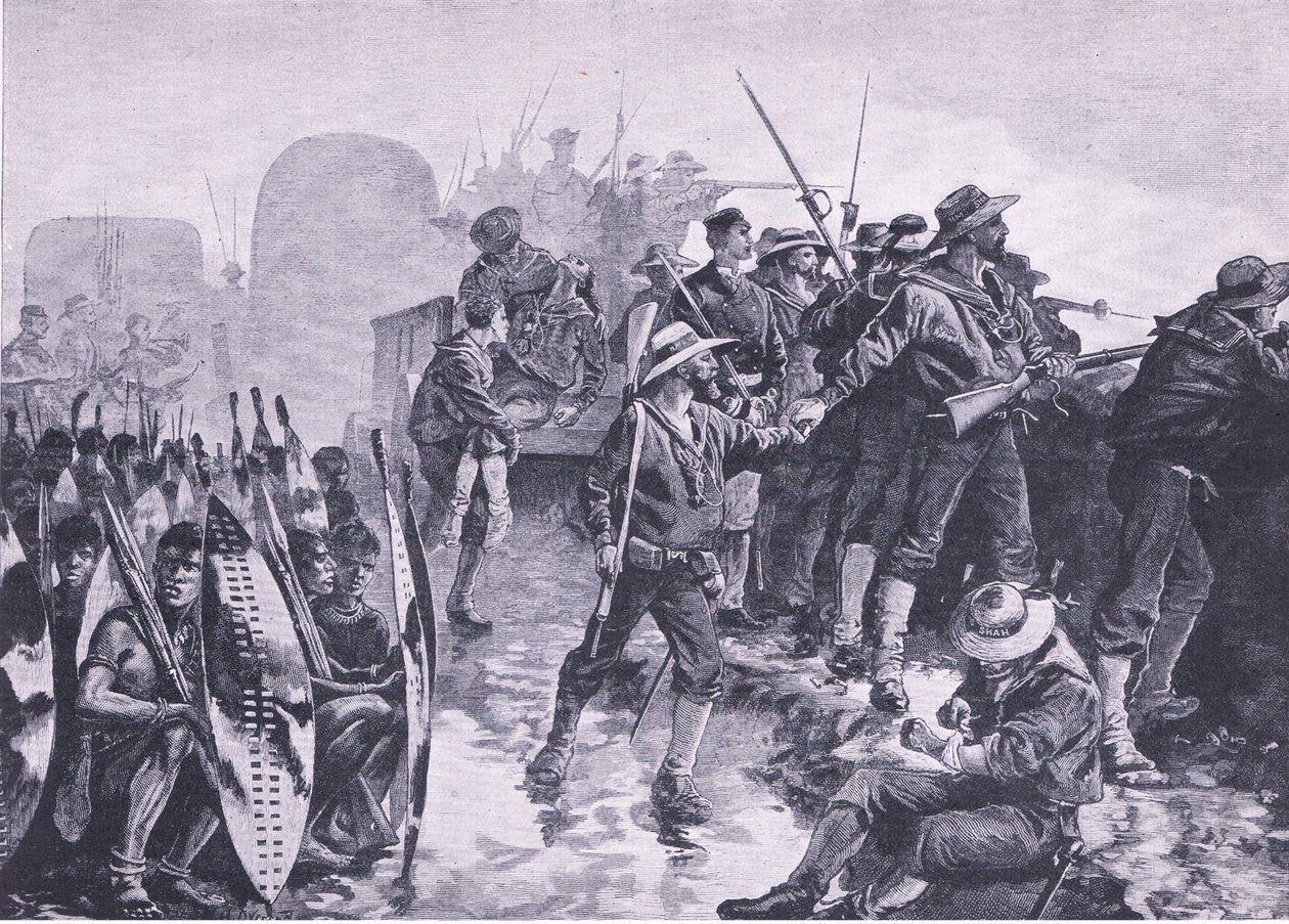 Defendiendo un laager contra un ataque zulú, ilustración de British Battles on Land and Sea, 1915 de William Heysham Overend