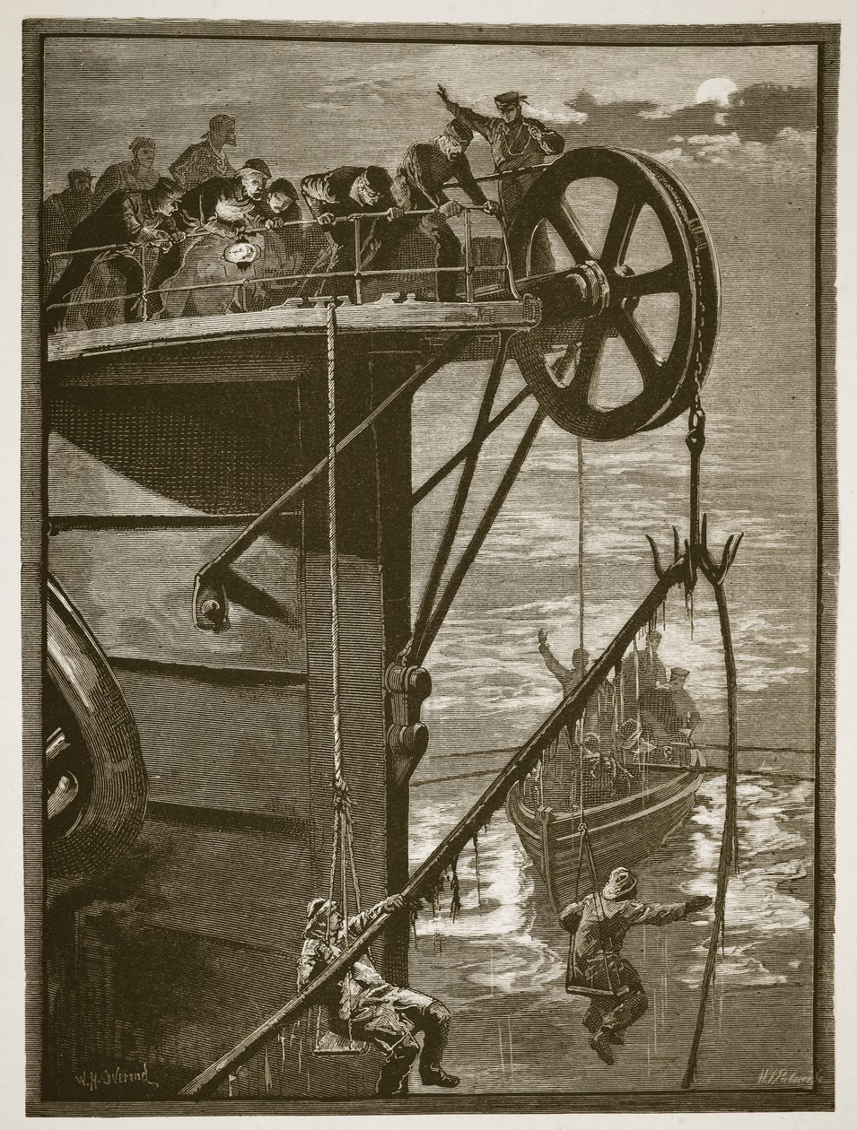 Ciencia Moderna: Recogiendo un cable telegráfico en el mar, grabado por W.J. Palmer de William Heysham Overend