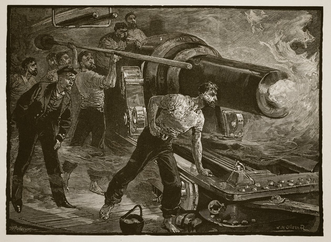 Guerra naval: trabajando el cañón de un barco, grabado por W.J. Palmer de William Heysham Overend