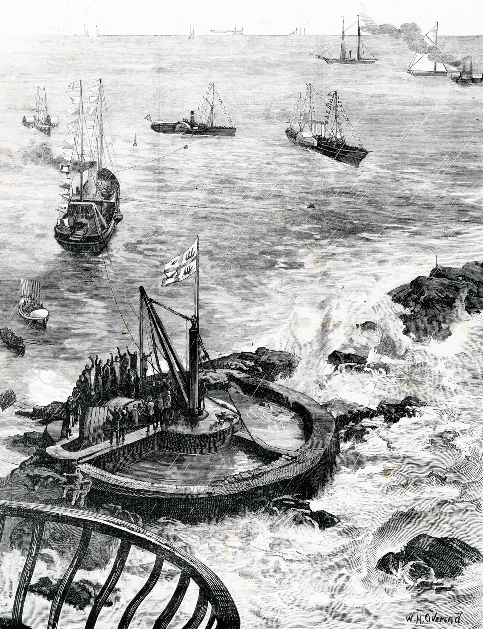 El Príncipe de Gales y el Duque de Edimburgo colocando la primera piedra del nuevo faro de Eddystone, ilustración de 
