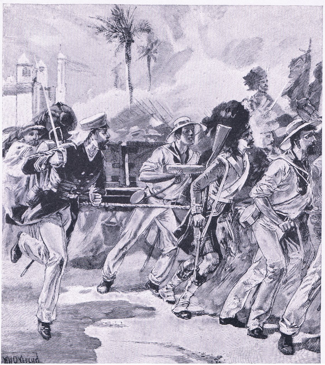 La brigada naval del HMS Shannon en Lucknow, noviembre de 1857, ilustración de British Battles on Land and Sea, 1915 de William Heysham Overend