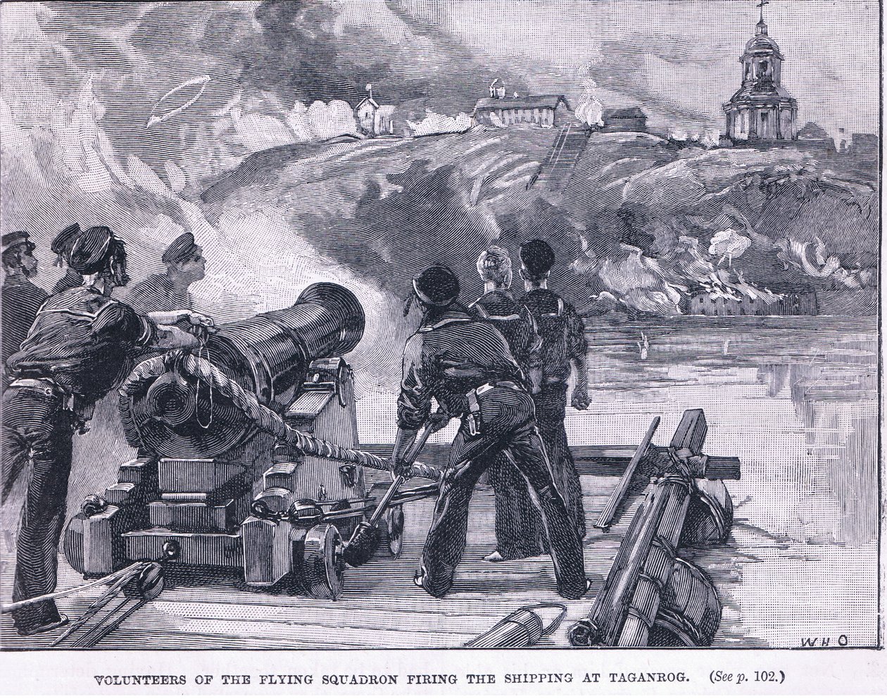Voluntarios del escuadrón volador disparando a los barcos en Taganrog 1855 d.C. de William Heysham Overend