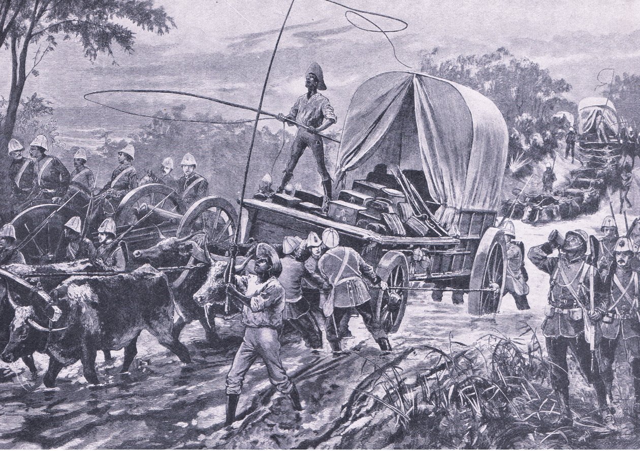 Guerra Zulú: La fuerza de socorro de Estowe cruzando un arroyo, abril de 1879, ilustración de British Battles on Land and Sea, 1915 de William Heysham Overend