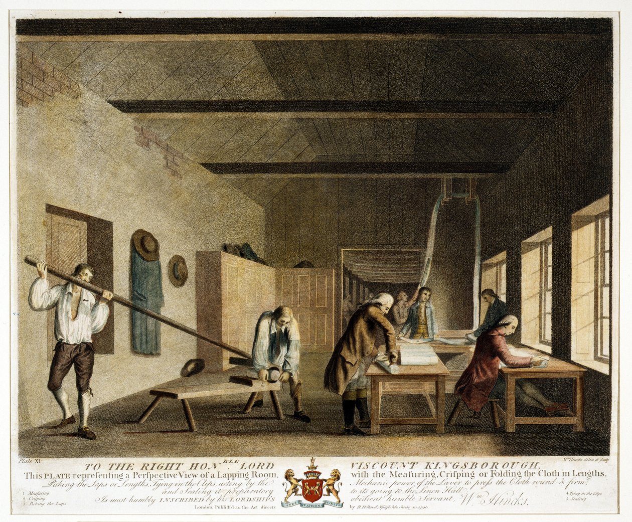 Al honorable Lord Vizconde Kingsborough... esta placa representa una vista en perspectiva de una sala de plegado, con la medición, el crujido o el plegado de la tela en longitudes, Placa XI, La manufactura de lino de William Hincks