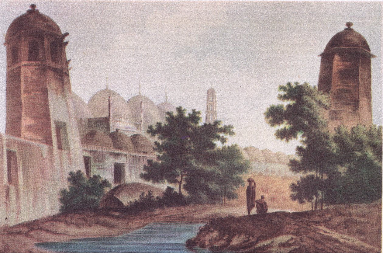 Una vista de la mezquita Kutra construida por Mir Jaffier en Murshidabad (Select Views in India 1786), de British Adventure publicado por Collins, 1947 de William Hodge