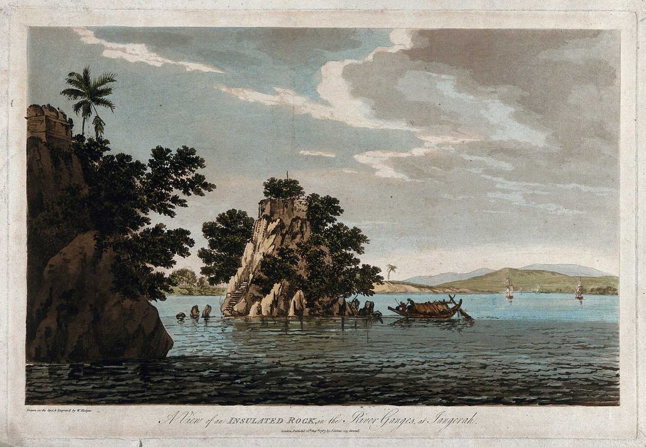 Vista de una roca aislada, en el río Ganges en Jangerah de William Hodges