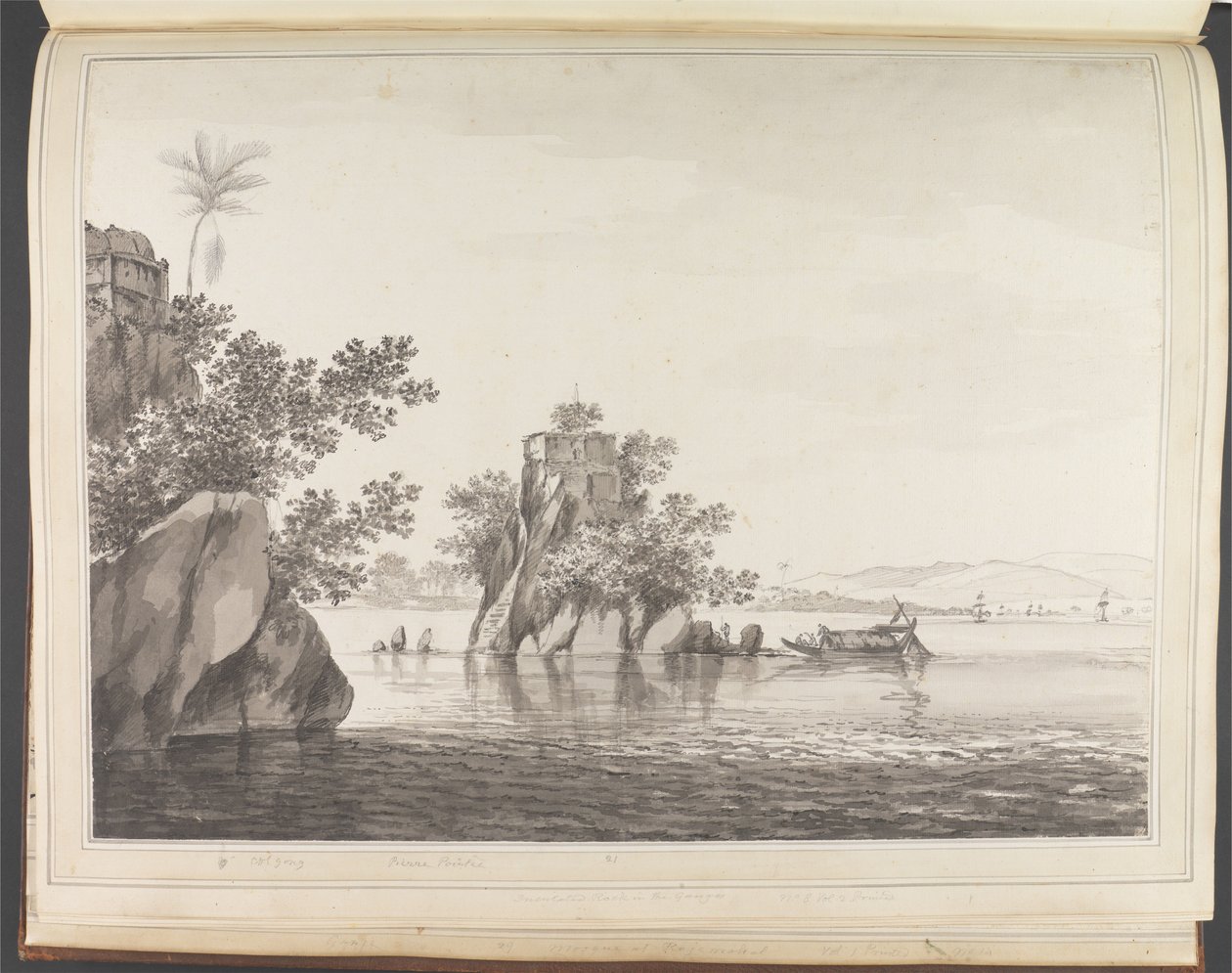 Vista de una roca aislada en el río Ganges en Jangerah [Jahangira] de William Hodges