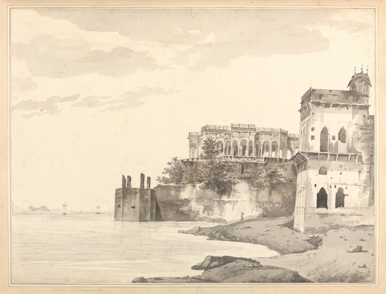 Vista de las ruinas de un palacio en Gazipoor [Ghazipur], a orillas del río Ganges de William Hodges