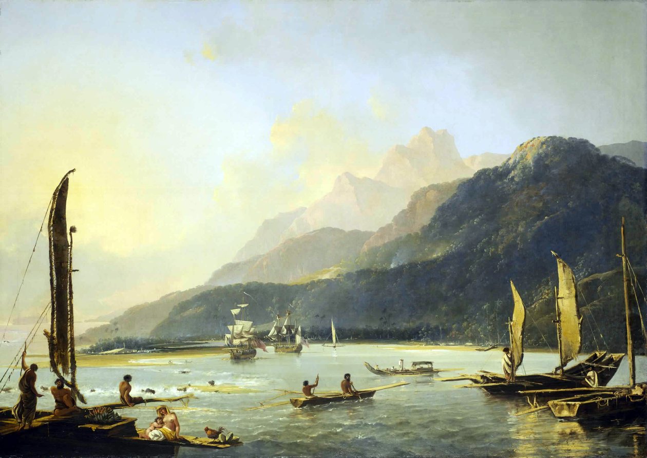 Vista de la bahía de Maitavie, [en la isla de] Otaheite [Tahití]". de William Hodges