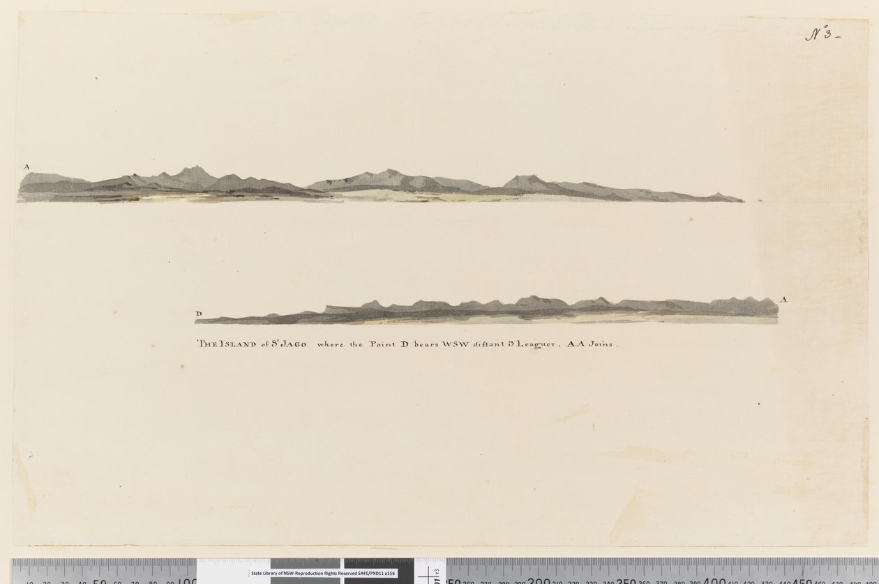 Página 3 Perfil de la Isla de San Jago, Isla de Cabo Verde. Titulado La Isla de San Jago donde el punto D lleva WSW distante 3 leguas de William Hodges
