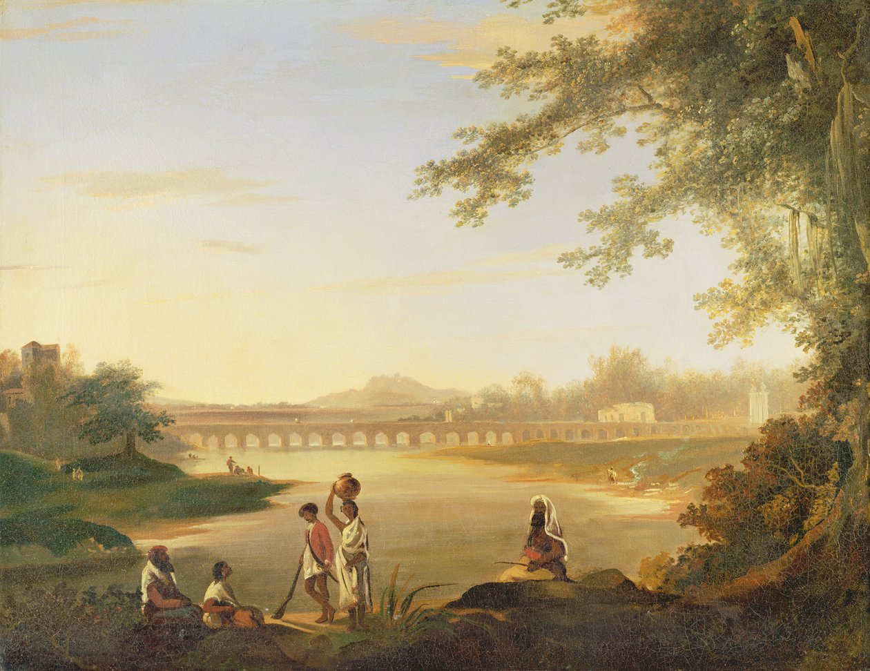 El puente Marmalong, con un cipay y nativos en primer plano, c.1783 de William Hodges