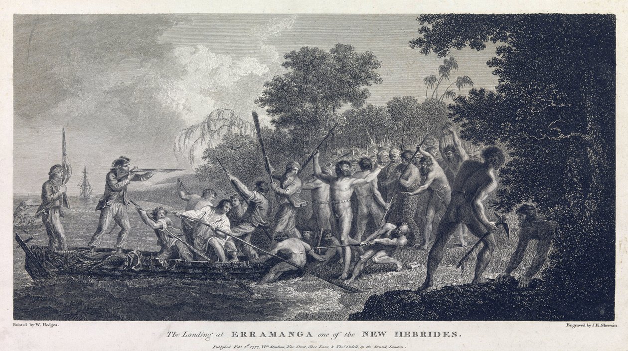 Desembarco en Erramanga (o Eromanga), una de las islas de Vanuatu (antiguas Nuevas Hébridas, archipiélago del océano Pacífico), mostrando a la tripulación de una canoa luchando con guerreros de la isla. de William Hodges