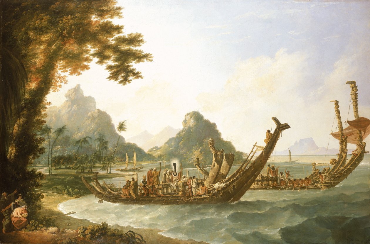 Los barcos de guerra de la isla de Otaheite (Tahití) y de las Islas de la Sociedad, con una vista de parte del puerto de Ohaneneno, en la isla de Ulieta, una de las Islas de la Sociedad. de William Hodges