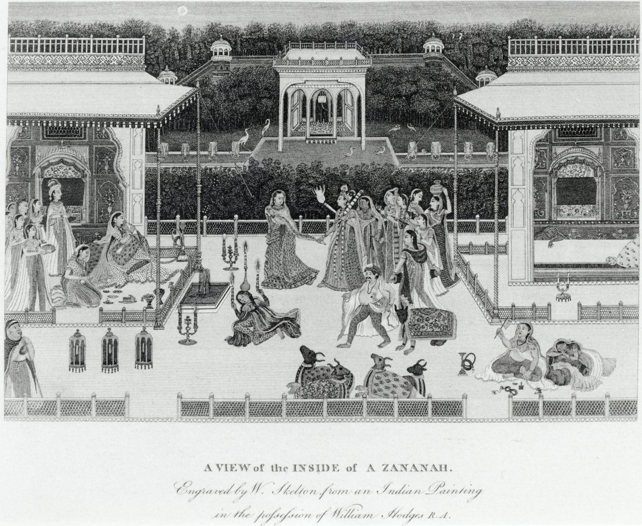 Vista del interior de un Zananah, grabado por William Skelton de William Hodges