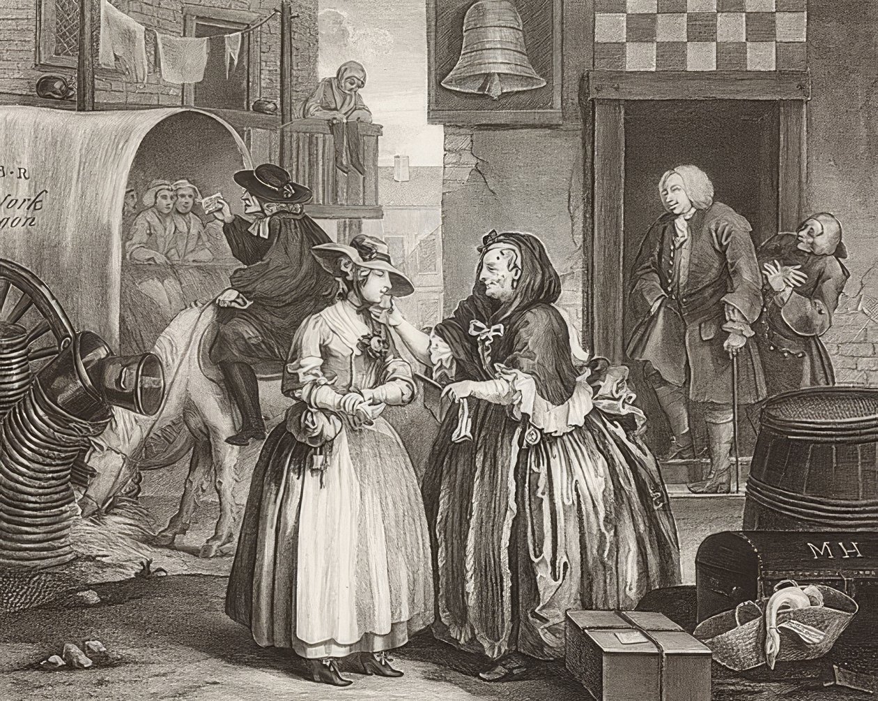 El progreso de una prostituta / Der Weg einer Dirne, hoja 1: Llegada a Londres. 1732 de William Hogarth
