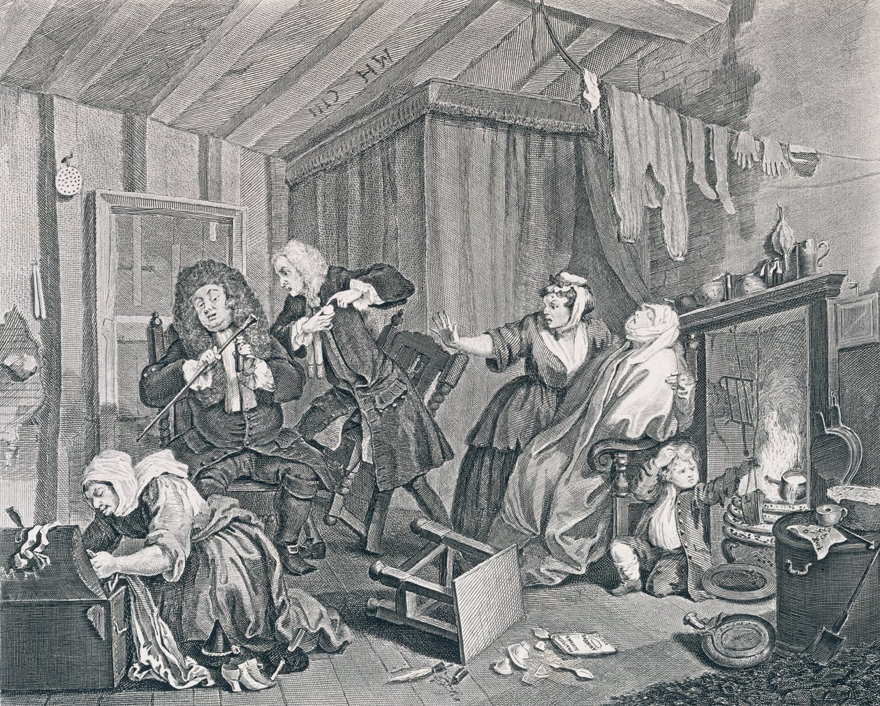 El progreso de una ramera, Placa Cinco: Expira mientras los doctores discuten, 1732 de William Hogarth