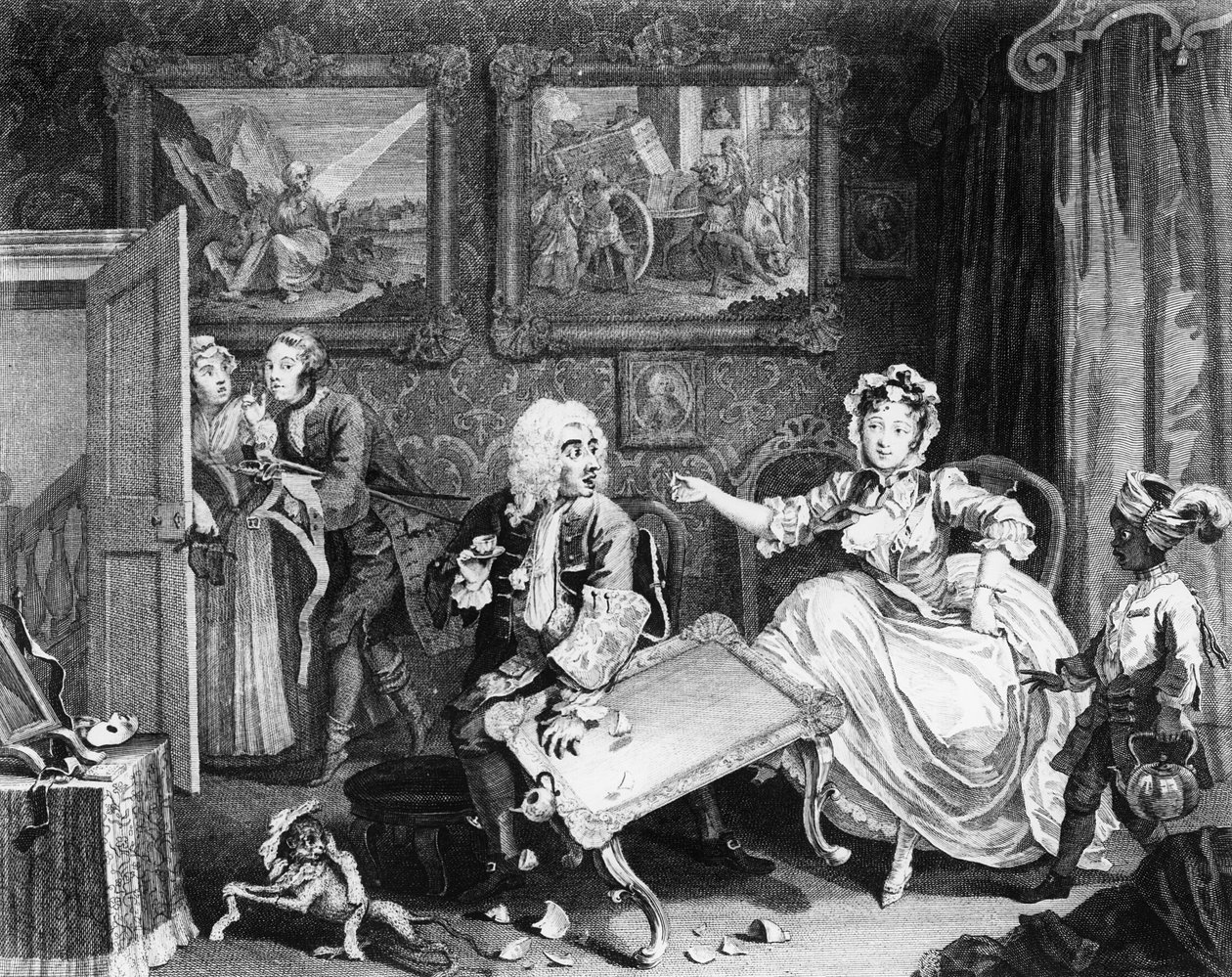 El progreso de una ramera, placa II, peleas con su protector judío de William Hogarth