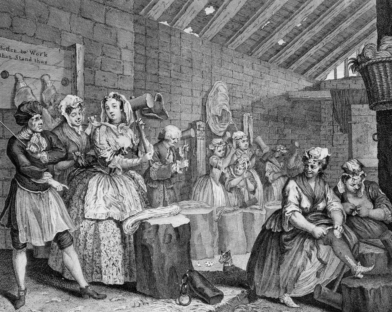 El progreso de una ramera, lámina IV, escena en Bridewell de William Hogarth