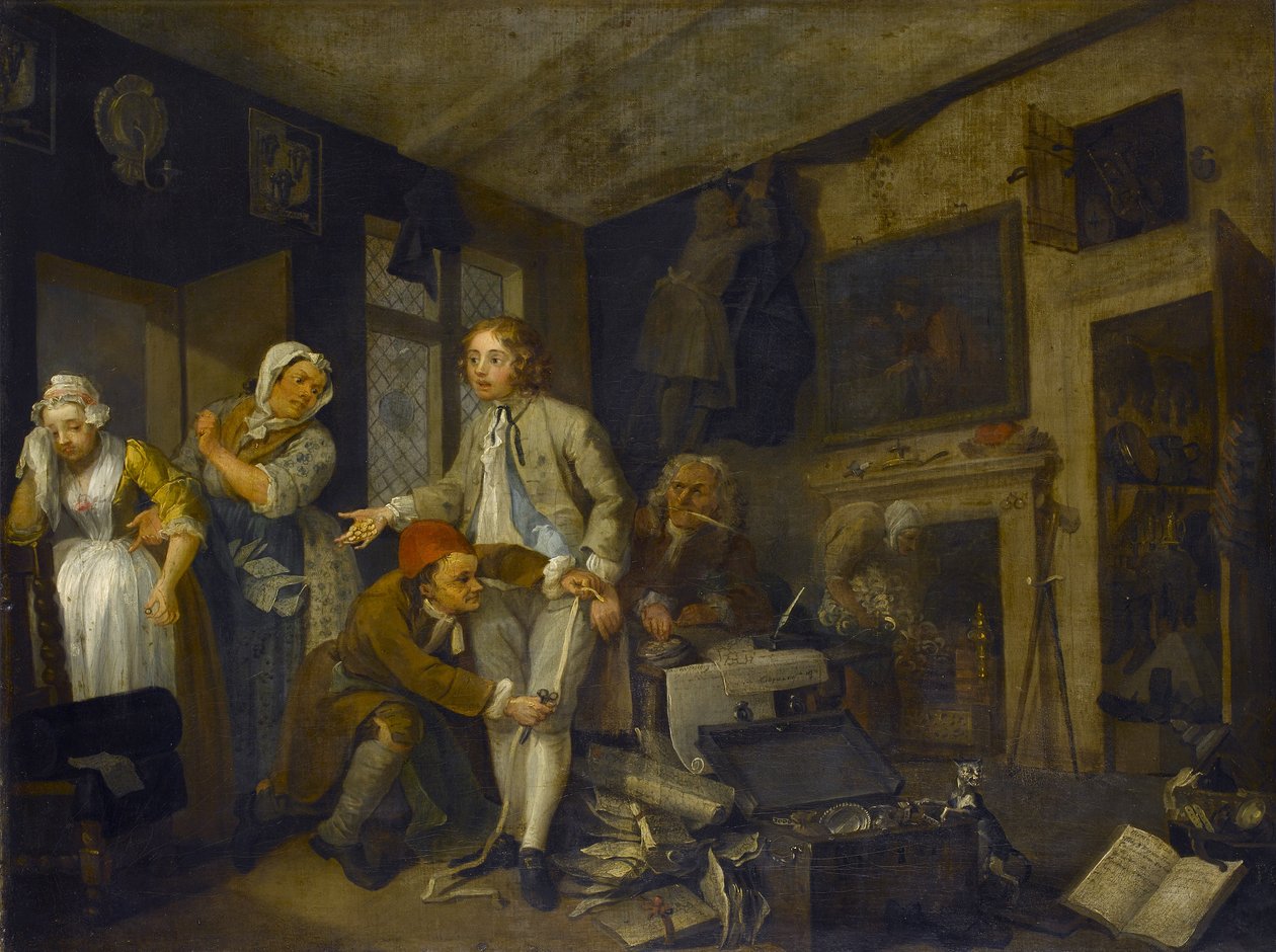 El Progreso de un Libertino I: El Libertino Tomando Posesión de su Herencia, 1733 de William Hogarth