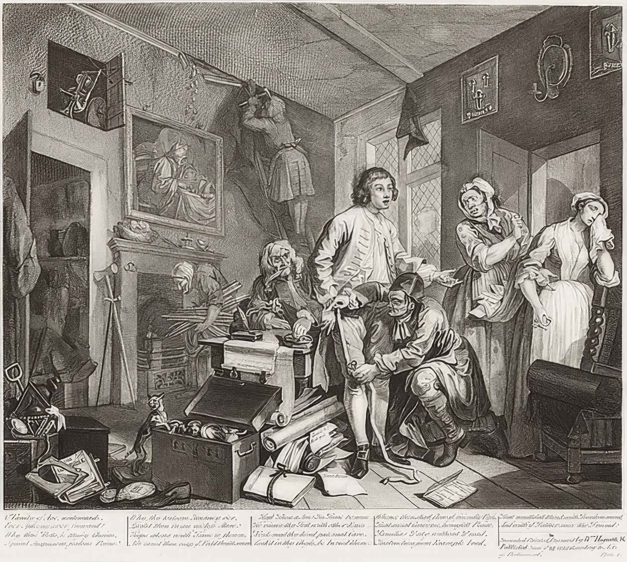 El progreso de un libertino, Placa 1: El libertino tomando posesión de su herencia de William Hogarth