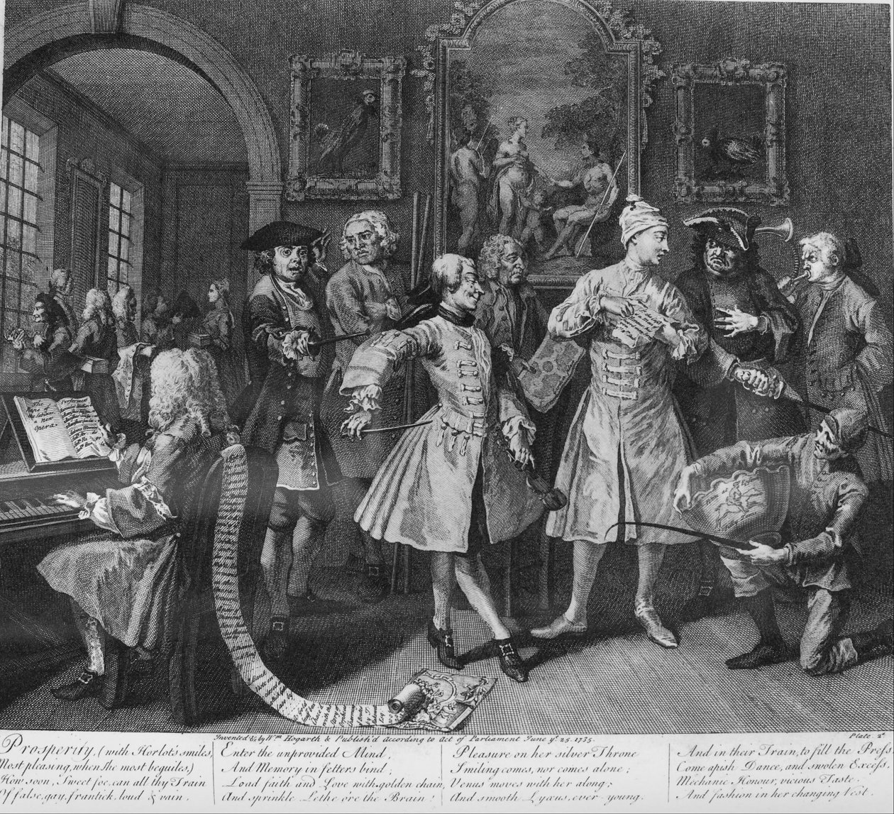 El progreso de un libertino, Placa 2, Rodeado de artistas y profesores de William Hogarth