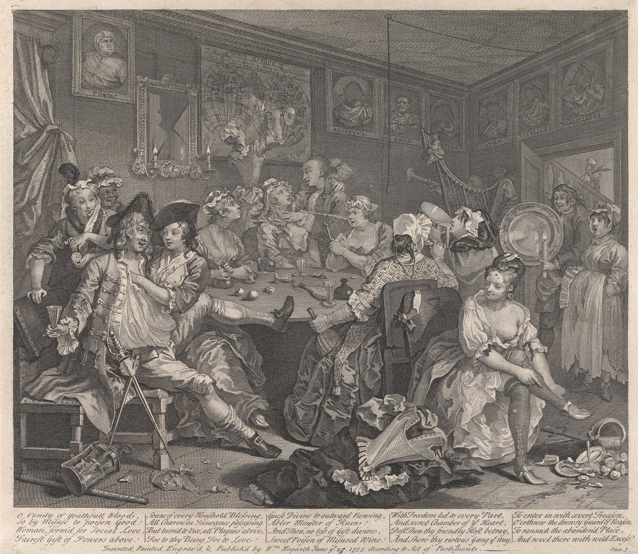 La carrera de un libertino, lámina 3: Se entrega al desenfreno de William Hogarth